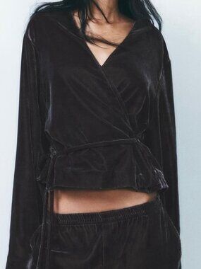 Zara Velvet Wrap Top Chocolate Brown Soft Long Sleeve Jacket XL